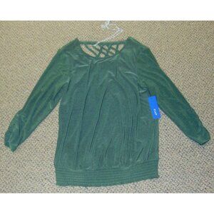 Womens Shirt Medium Green Long Sleeve Scoop Neck Banded Hem Top & Necklace Apt 9